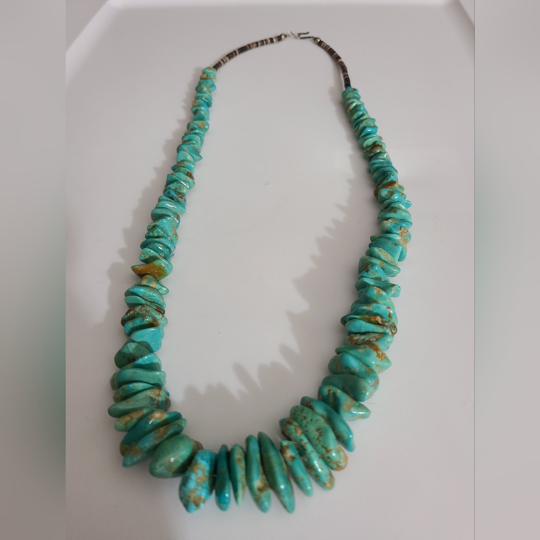 Vintage Navajo Turquoise Oyster Shell Necklace Huge Chunks Sterling Silver 29"